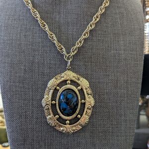 SWANK Gold and Blue Necklace with Ornate Pendant. 15 Inch Chain Gold Tone